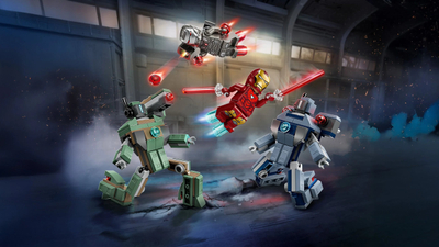 Set lodrash LEGO Marvel Iron Man dhe War Machine Vs Hammer Drones, figurina aksioni