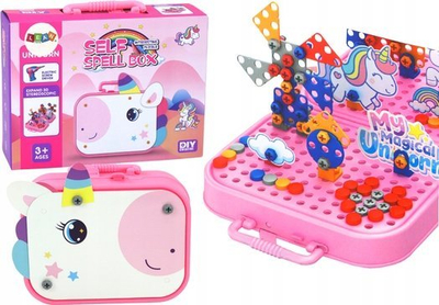 Set konstruktiv Leantoys Unicorn Puzzle, 227 copë, valixhe portative, rozë