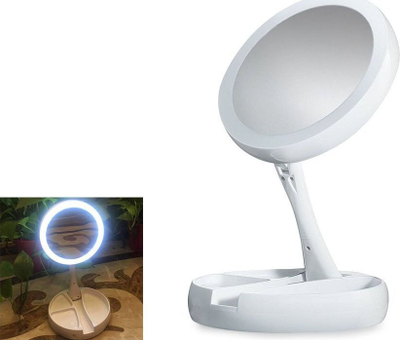 Pasqyrë tavoline me LED, zmadhim 10x, rrotulluese, e bardhë