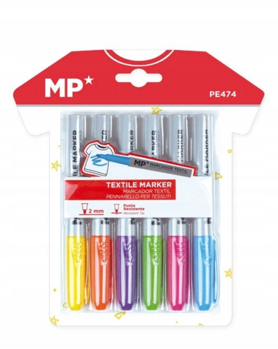 Markera tekstili MP PE474, majë 2 mm, set 6 ngjyra, shumëngjyrësh