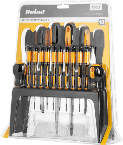 Set kaçavidash Rebel RB-1109, 18 copë, me mbajtëse, zi verdhë