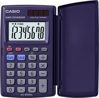 Kalkulator xhepi Casio HS 8VERA, ekran 8 shifror, solar dhe bateri, gri