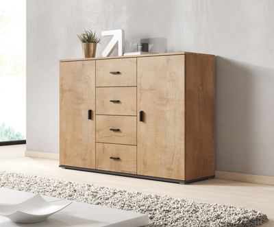 Kredencë dhome dite Cama UNI, 2 dyer 4 sirtarë, dekor lehkfas, e zezë