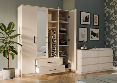 Garderobë Romana 160 cm, pasqyrë, 2 sirtarë, cashmere beige