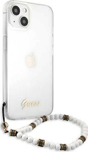 Mbulesë telefoni Guess GUHCP13SKPSWH për iPhone 13 mini 5.4", hardcase transparente, me perla, e bardhë