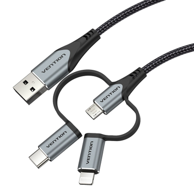 Кабел за полнење Vention 3 во 1, USB C Micro USB Lightning, 2.4A, 480Mbps, црна