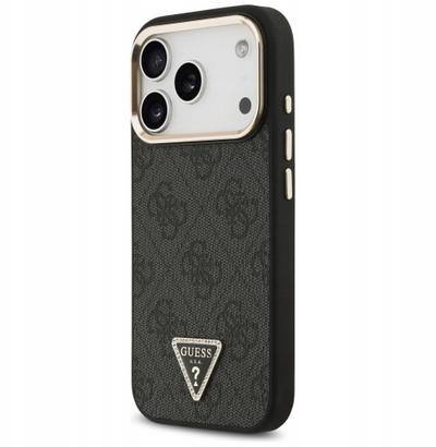 Këllëf telefoni Guess Magsafe 4G për iPhone 17 Pro, lëkurë PU, kornizë metalike ari, i zi