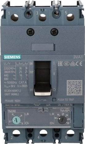 Çelës automatik MCCB Siemens SENTRON 3VA, 3 pole 32A, 25kA, montim fiks