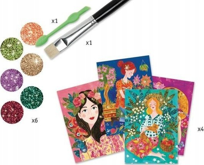 Set kreativ me glitter Djeco Paradisio, 4 tabela, për kalamaj 6-10 vjeç, shumëngjyrësh