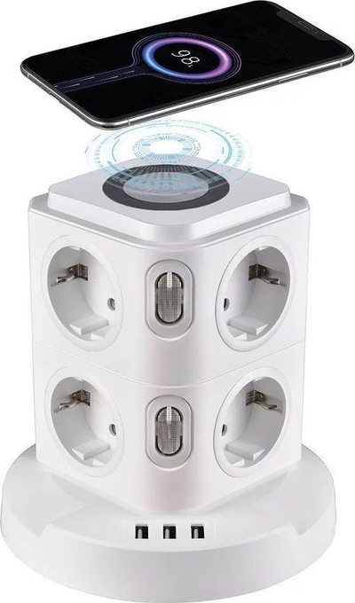 Zgjatës vertikal Logan WS8-2, 8 priza, 3x USB, karikim wireless 5W, i bardhë
