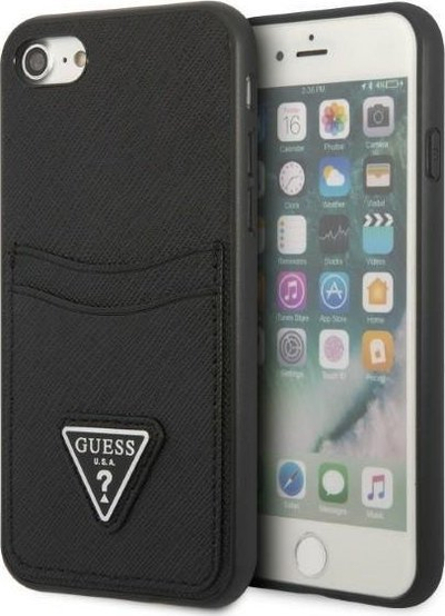 Këllëf telefoni Guess 4G Saffiano Double Card për iPhone 7, 8, SE, me xhepa për karta, i zi