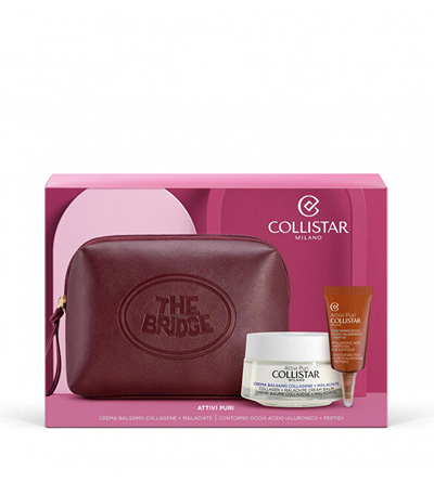 Set Collistar Attivi Puri Collagene, Balsam forcues për lëkurën 50 ml + Krem forcues për sytë 5 ml + Çantë kozmetike