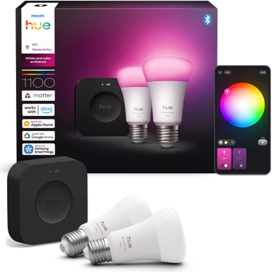 Set ndriçimi inteligjent Philips Hue Starter Set White and Color Ambiance, Bridge Pro, 2 llamba E27, i bardhë