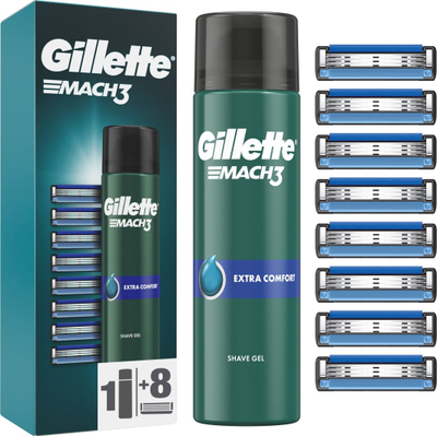 Set rruajtjeje Gillette Mach3, 8 koka rezervë, xhel 200ml