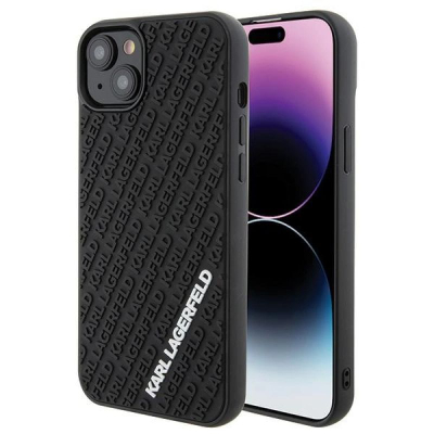 Kllëf telefoni Karl Lagerfeld 3D Rubber Multi Logo, për iPhone 15 Plus, gome e butë, i zi