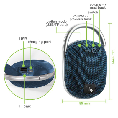 Altoparlant bluetooth Techly Mini, wireless V5.3, me drita LED, blu