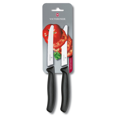 Thikë për domate Victorinox Swiss Classic, teh të valëzuar, 2 pjesësh e paketuar, e zezë