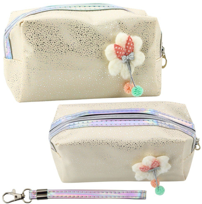 Etui kozmetik dhe lapsash Pencil Case Cosmetic Bag Bow Shimmering Particles, me zinxhir, bezhë me shkëlqim