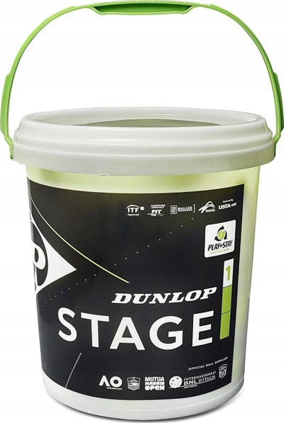 Topa tenisi Dunlop Stage 1 Green në kovë, me presion të ulët, ngjyrë e verdhë fosforeshente
