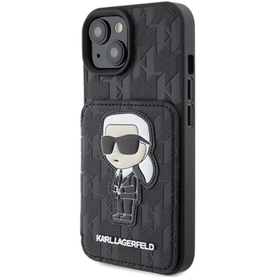 Këllëf telefoni Karl Lagerfeld KLHCP15SSAKKNSCK për iPhone 15 6.1", hardcase Saffiano, me xhep për karta, i zi