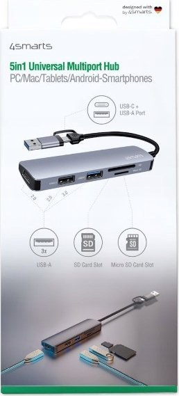 Hub USB 4smarts 5 në 1, 3x USB-A, lexues SD microSD, gri