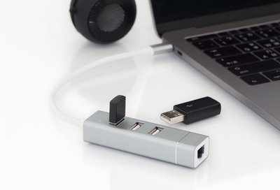 USB-Ц хаб Digitus 3 порти, Fast Ethernet LAN, сребрен