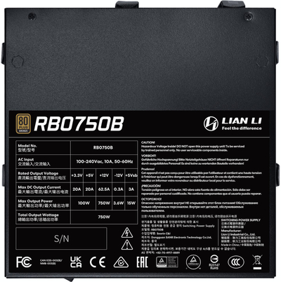 Furnizues energjie Lian Li RB Series 750W, 80 PLUS Bronze, gjysmë modular, i zi