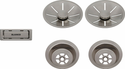 Set aksesorësh lavamani Blanco InFino Drain Kit 207410, për lavaman me dy tasa, ngjyrë platin