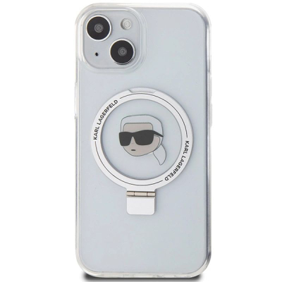 Mbrojtëse telefoni Karl Lagerfeld Karl Head KLHMP15SHMRSKHH, për iPhone 15 6.1", me MagSafe Ring Stand, e bardhë