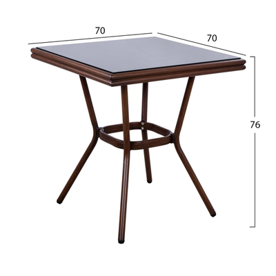 Tavolinë alumini 70×70×76 cm pamje bambu me xham (HM5568.03), kaftë