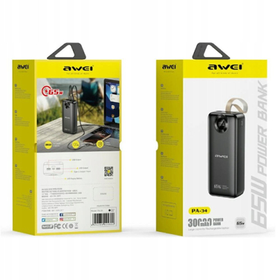 Powerbank Awei PA-34, 30000mAh, 65W karikim i shpejtë, i zi