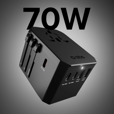 Adapter udhëtimi SBS GaN 70W, 5 porta USB, 2400W, i zi
