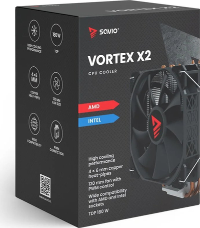 Ftohës CPU Savio Vortex X2, 120mm PWM, 180W TDP, i zi