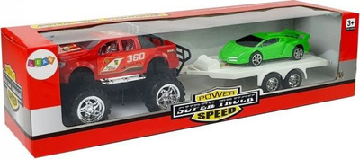 Set lodrash Leantoys Power Super Truck, makinë off-road me fërkim, rimorkio me makinë sportive, i kuq edhe jeshil