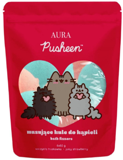 Toptha shkumues për banjë Aura Pusheen Juicy Strawberry, 6x50g, aromë luleshtrydhe, të kuqe