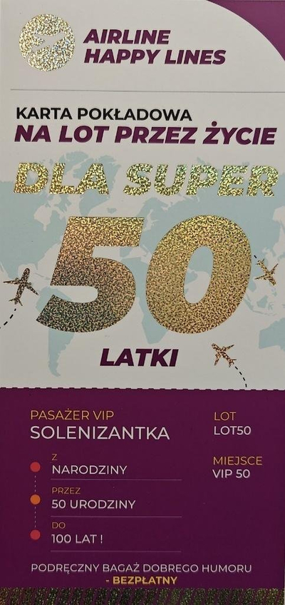 Kartolinë urimi Yeku Boarding Pass, 50 vjetorin, për gra