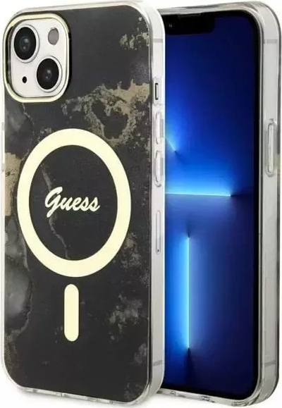 Mbulesë telefoni Guess Golden Marble, për iPhone 14 Plus 6.7", hardcase, MagSafe, e zezë