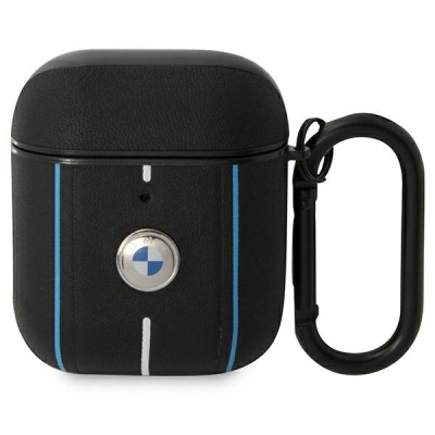 Kuti mbrojtëse BMW SIG për AirPods 1 2, lëkurë, me karabinë, e zezë