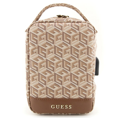 Чанта за во рака Guess GCube Stripe, синтетичка кожа, со USB порта, кафеава