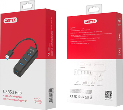 HUB USB Unitek (Y-3089), 4x USB 3.0, lidhës USB-A, i zi