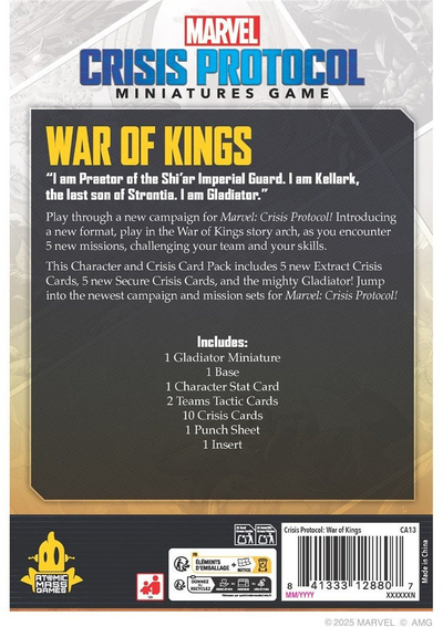 Zgjerim loje tavoline Asmodee Marvel Crisis Protocol War of Kings, personazh Gladiator, pako me karta krize, shumëngjyrëshe