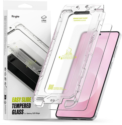 Stiker për xham Ringke Easy Slide për Galaxy S25 Edge, xham i fortë (Tempered Glass), paketë me 2 copë, transparent