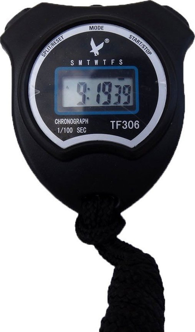 Kronometër sportiv elektronik, digjital, me alarm, i zi