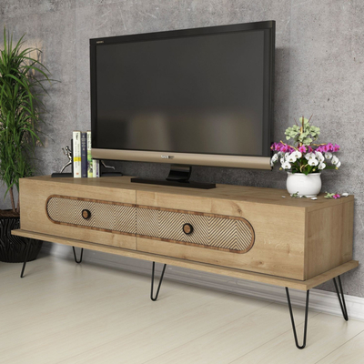 Kabinet TV Kalune Design Ekol, me rafte dhe dyer, dru natyral