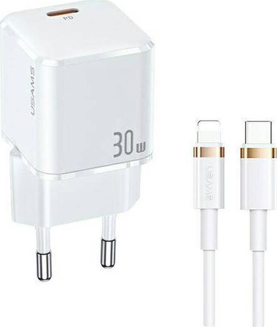 Karikues muri USAMS T45 30W PD3.0 QC3.0 me kabllo USB-C Lightning, i bardhë