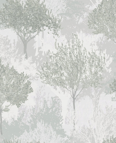 Ѕиден тапет Birch Sage, дизајн со дрвја, текстура со сјај, сиво зелена