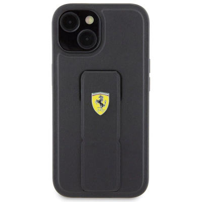 Mbrojtëse telefoni Ferrari Hard Case me Grip Stand për iPhone 15 6.1", me logo metal, e zezë