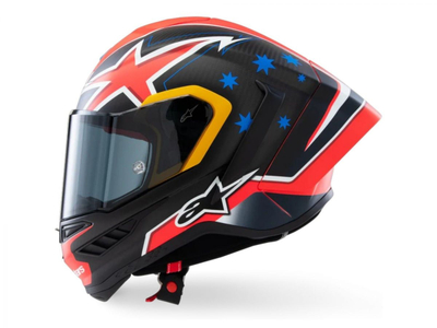Helmeta moto Alpinestars Supertech R10 Miller Limited Edition, karboni, rrugë dhe pistë, e zezë me të kuqe fluor dhe blu mat