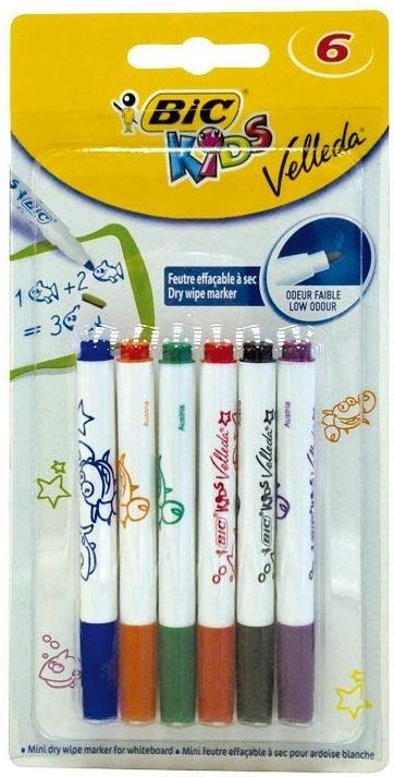 Markera për fëmijë Bic Mini Kids Velleda, për tabela të thata, set 6 copë, shumëngjyrëshe