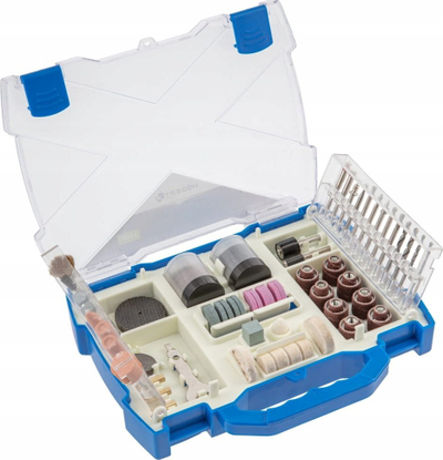 Set aksesorësh për drejtshpues Hogert Technik HT2E115, 145 copë, në kasetë plastike, blu